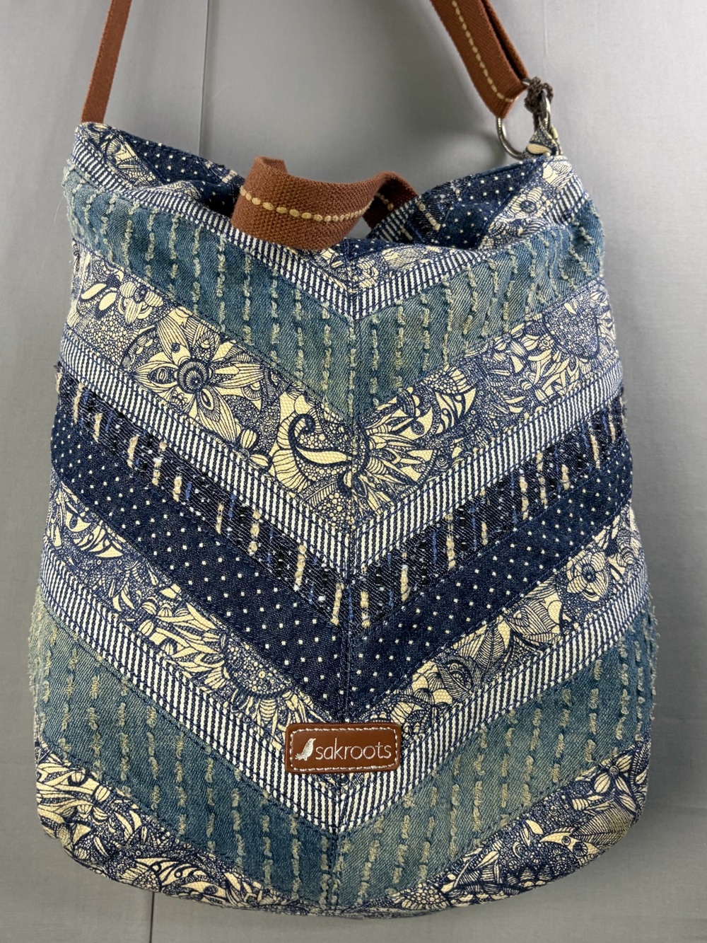 Sakroots Blue Patchwork Chevron Shoulder Bag with Brown Strap